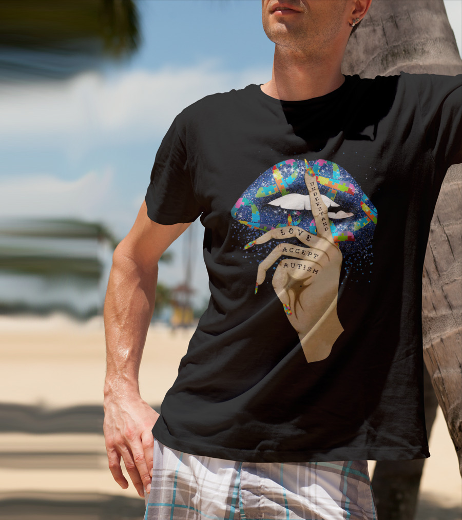 Love Understand Accept Autism Finger On Lips With Puzzle T-Shirt