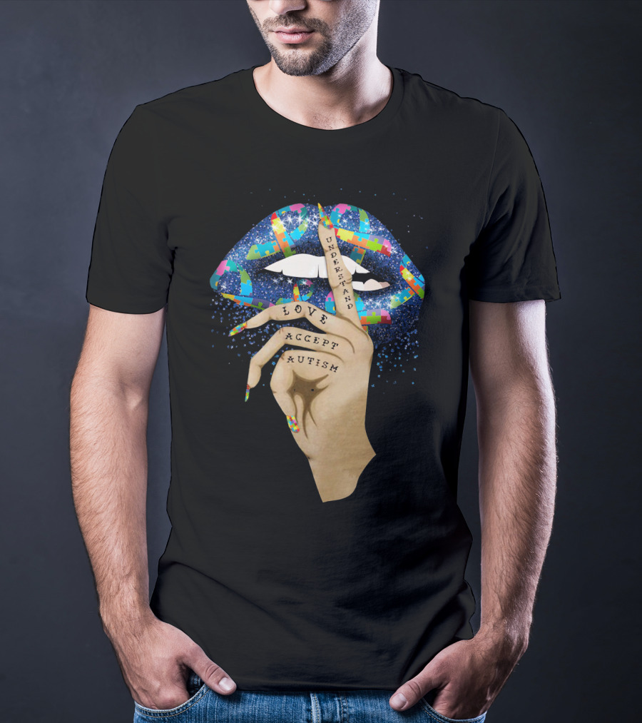 Love Understand Accept Autism Finger On Lips With Puzzle T-Shirt