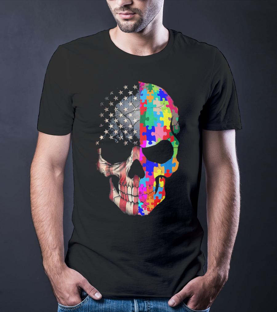 American Flag Autism Awareness Skull Puzzle Pieces Sku T-Shirt