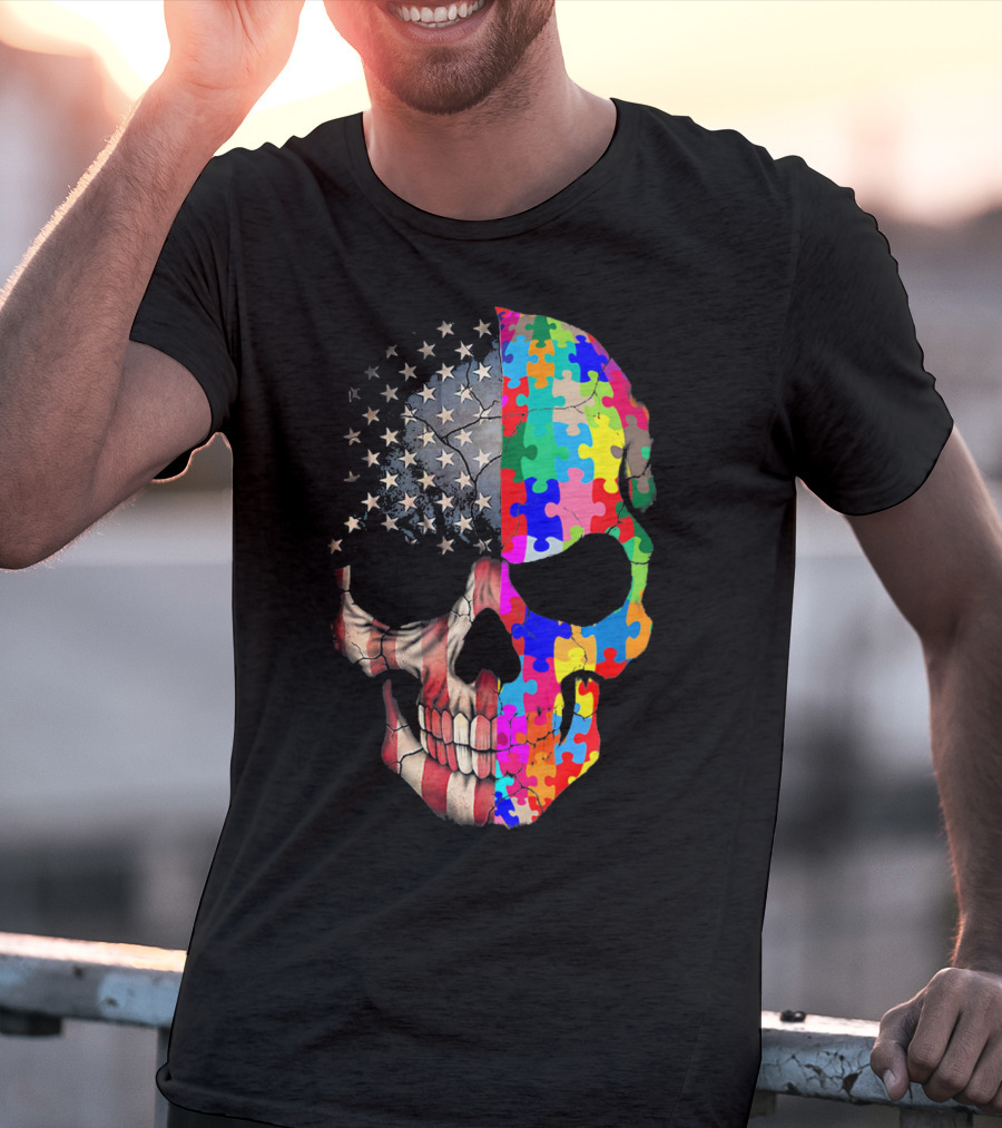 American Flag Autism Awareness Skull Puzzle Pieces Sku T-Shirt