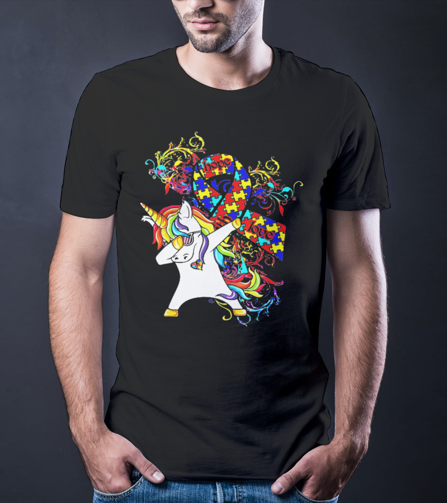 Unicorn Dabbing Hope Love Autism Awareness Puzzle T-Shirt
