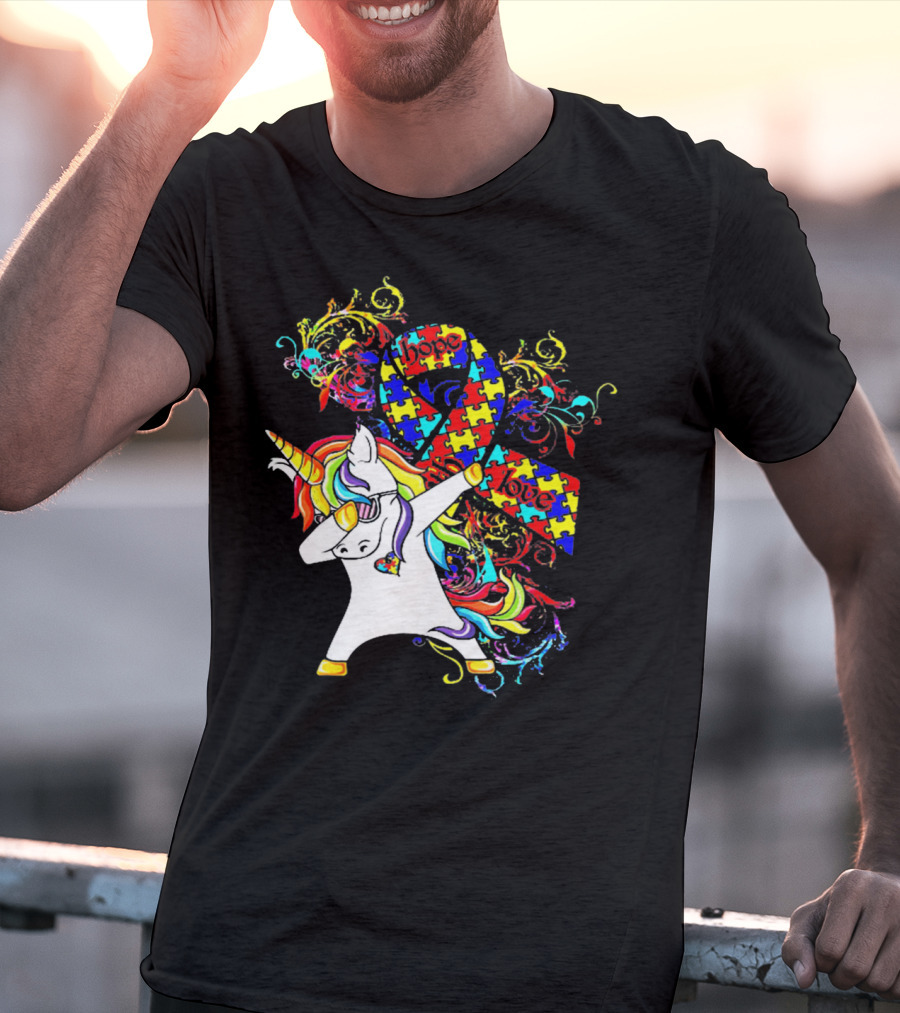 Unicorn Dabbing Hope Love Autism Awareness Puzzle T-Shirt