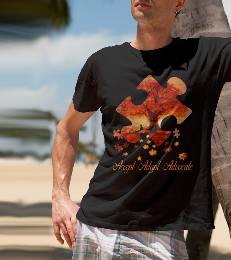 Accept Adapt Advocate Puzzle Autumn Leaves Autism Awareness T-Shirt