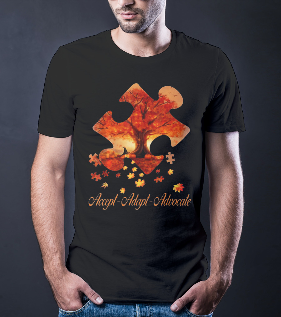 Accept Adapt Advocate Puzzle Autumn Leaves Autism Awareness T-Shirt