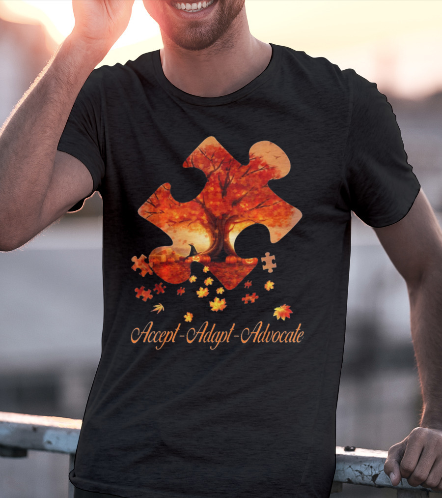 Accept Adapt Advocate Puzzle Autumn Leaves Autism Awareness T-Shirt