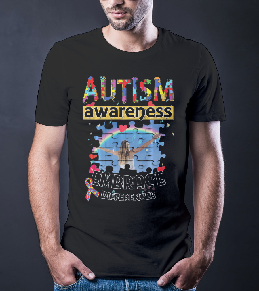 Autism Awareness Embrace Differences Puzzle Piece Rainbow T-Shirt