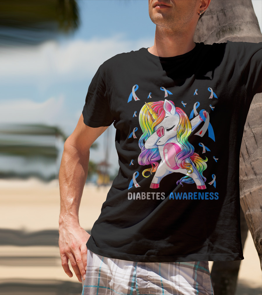 Diabetes Awareness Unicorn With Colorful Dabbing Pose And Ribbons T-Shirt