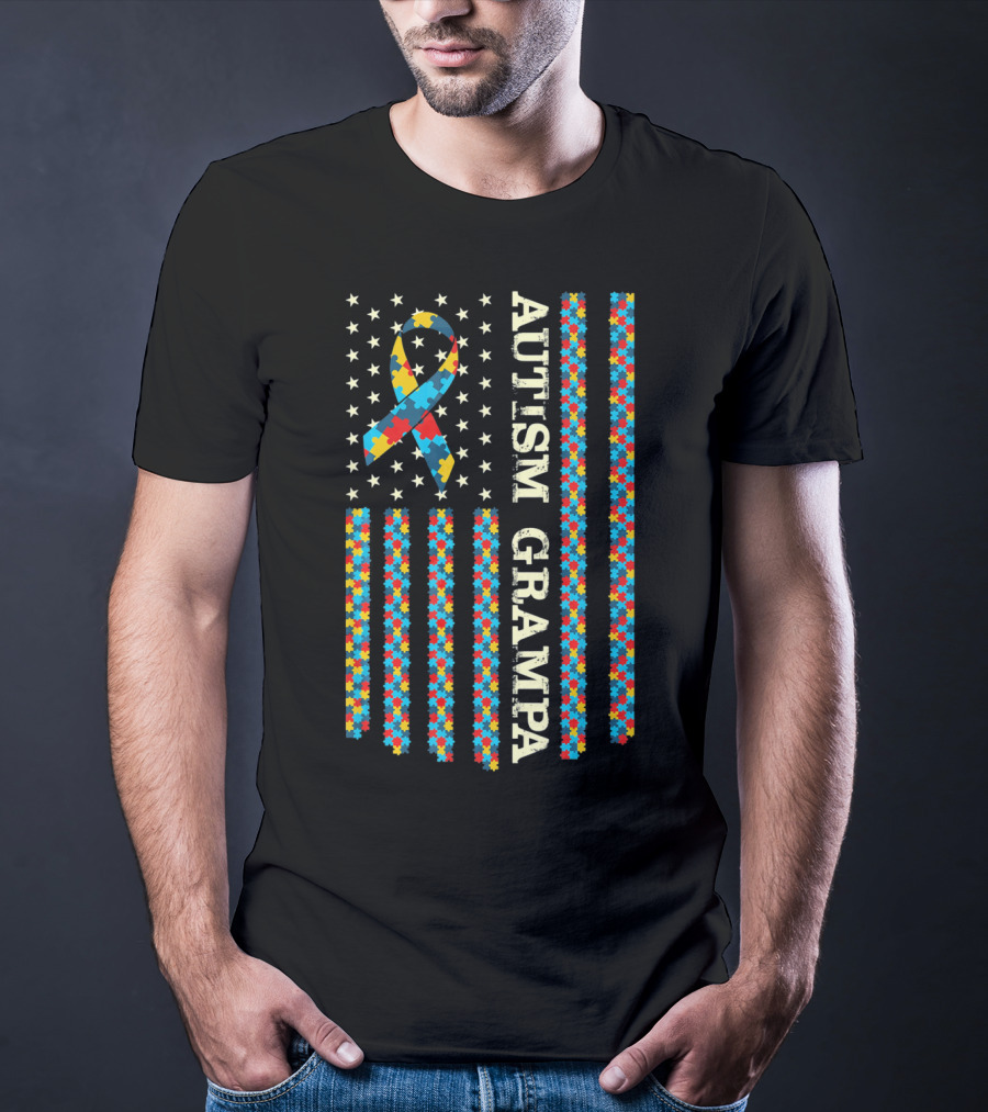 Autism Awareness Proud Autism Grampa American Flag Puzzle T-Shirt