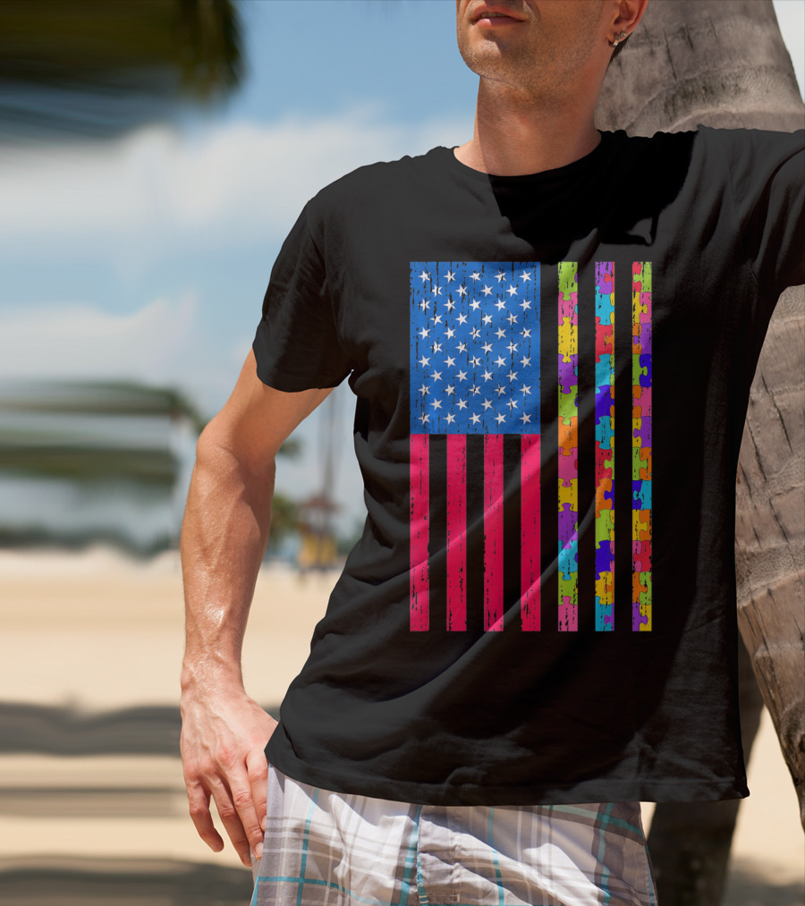 Autism Puzzle Piece American Flag USA T-Shirt
