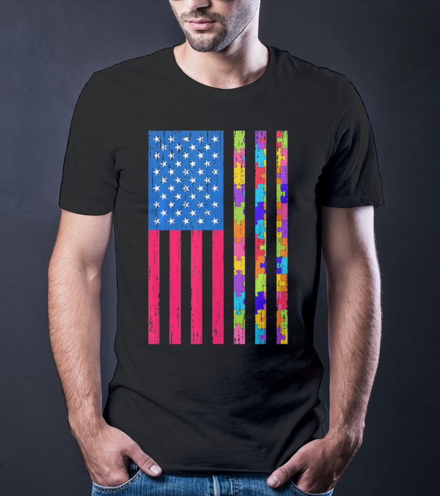 Autism Puzzle Piece American Flag USA T-Shirt