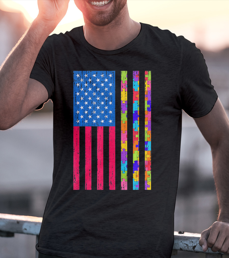 Autism Puzzle Piece American Flag USA T-Shirt