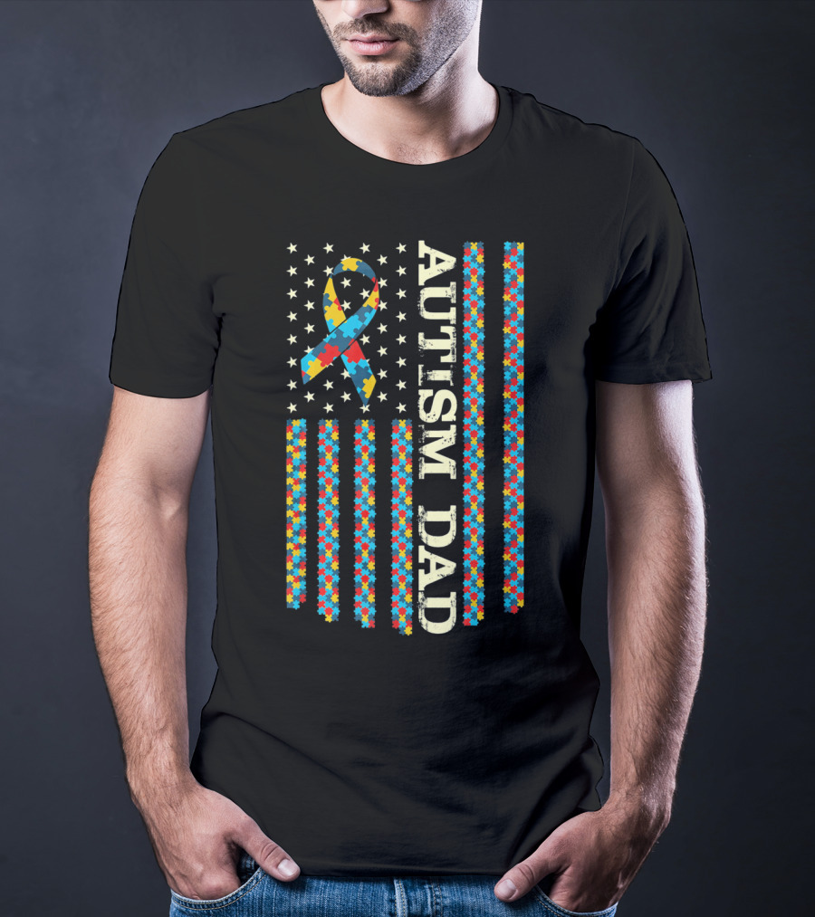 Autism Awareness Dad With Puzzle Ribbon And Flag T-Shirt