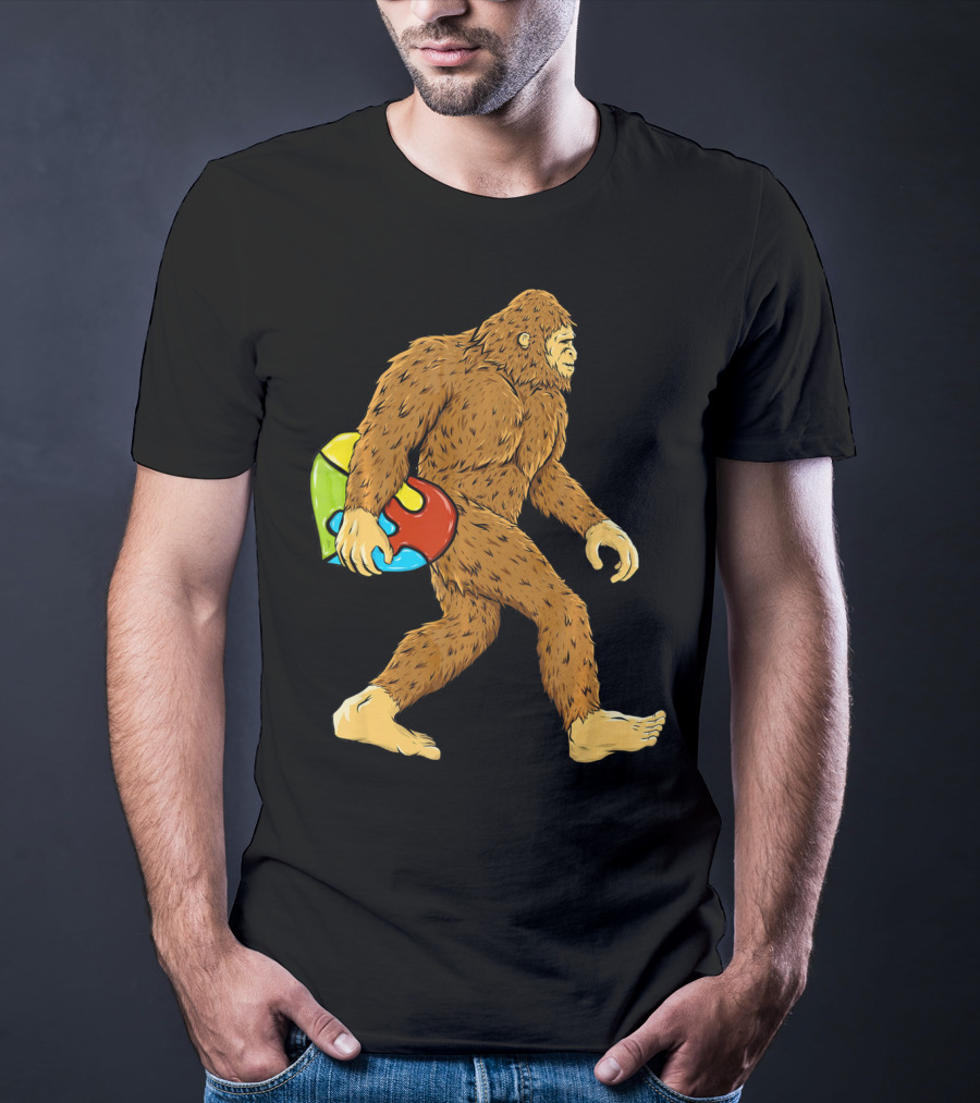 Autism Awareness Bigfoot Carrying Puzzle Heart T-Shirt
