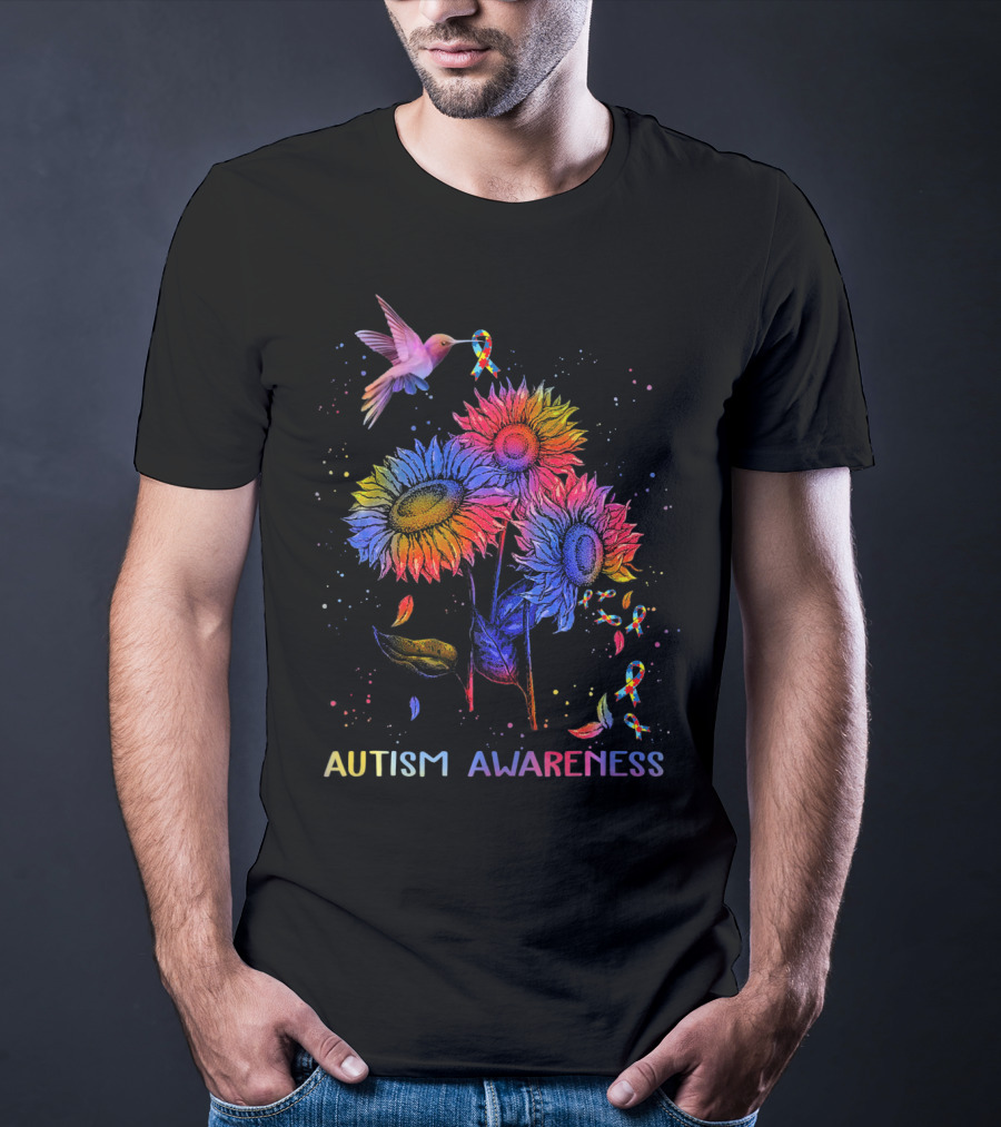 Autism Awareness Colorful Hummingbird And Sunflowers With Ribbons T-Shirt