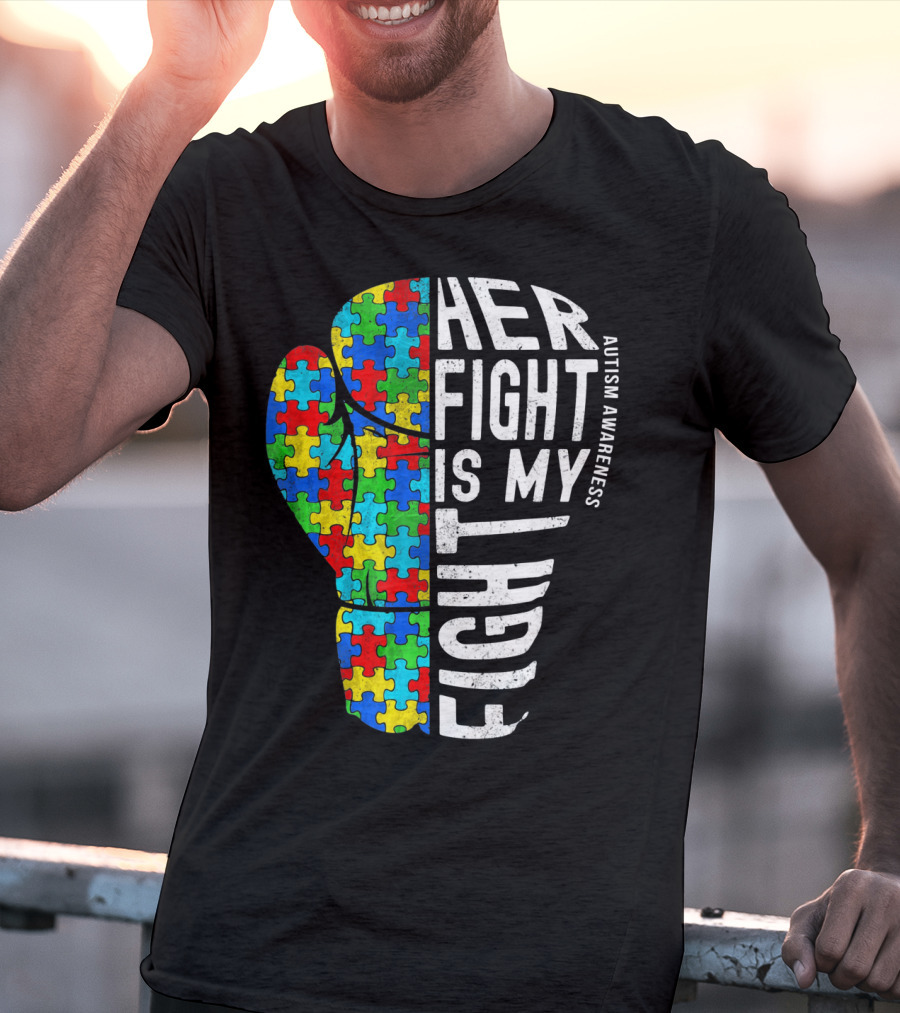 Autism Awareness Her Fight Is My Fight Boxing Glove Puzzle T-Shirt