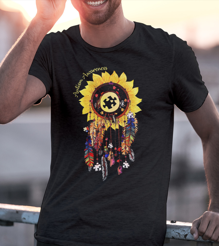 Autism Awareness Sunflower Puzzle Dreamcatcher Feathers T-Shirt