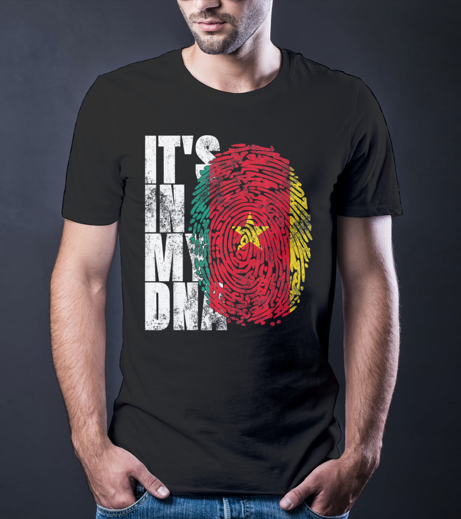 IT'S IN MY DNA Cameroonian Afro American Flag Fingerprint T-Shirt