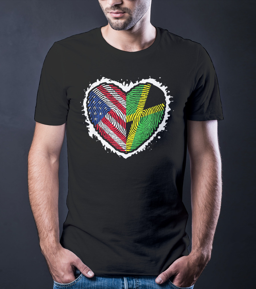 Fingerprint DNA Heart Love Jamaica USA Flag T-Shirt