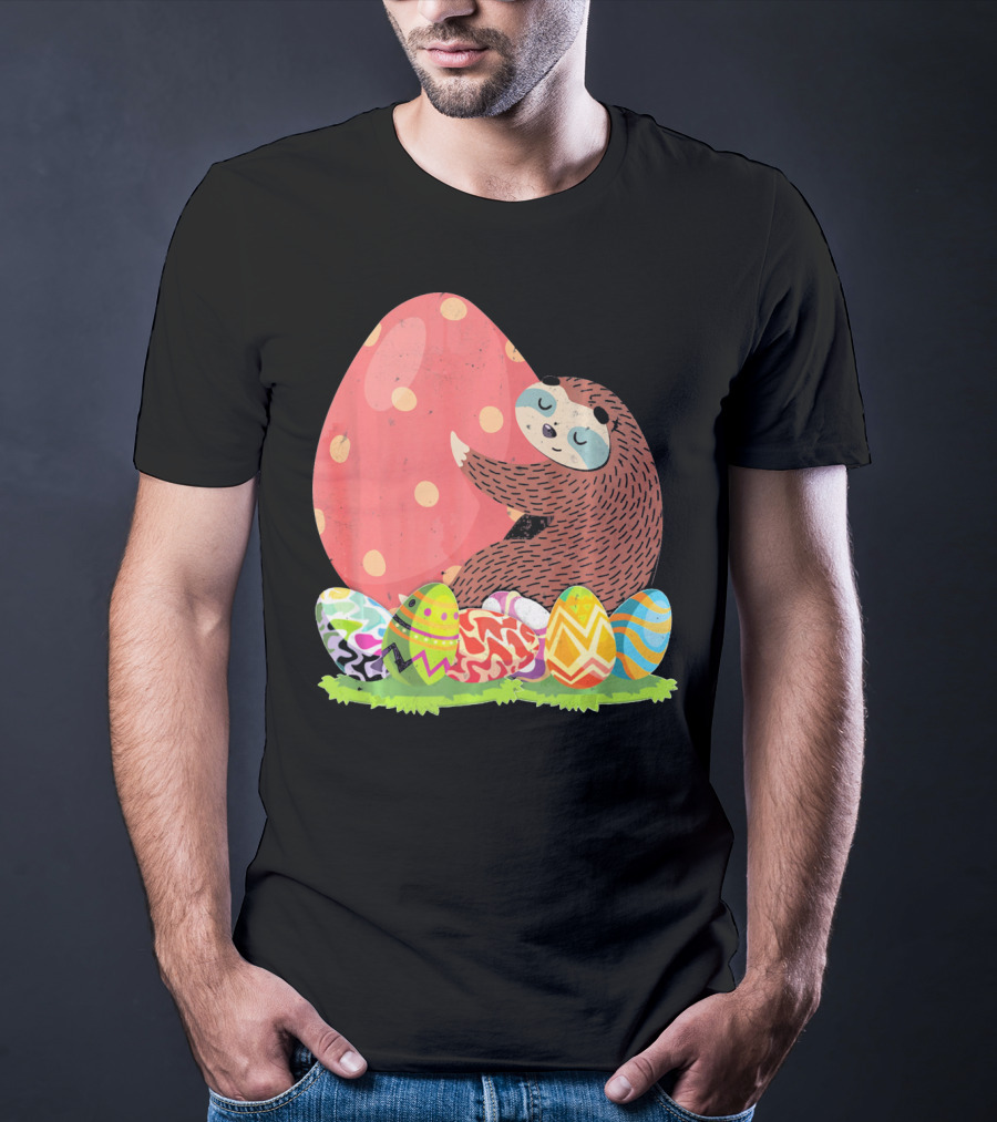 Girls Sloth Easter Women Funny Easter Egg Hug T-Shirt