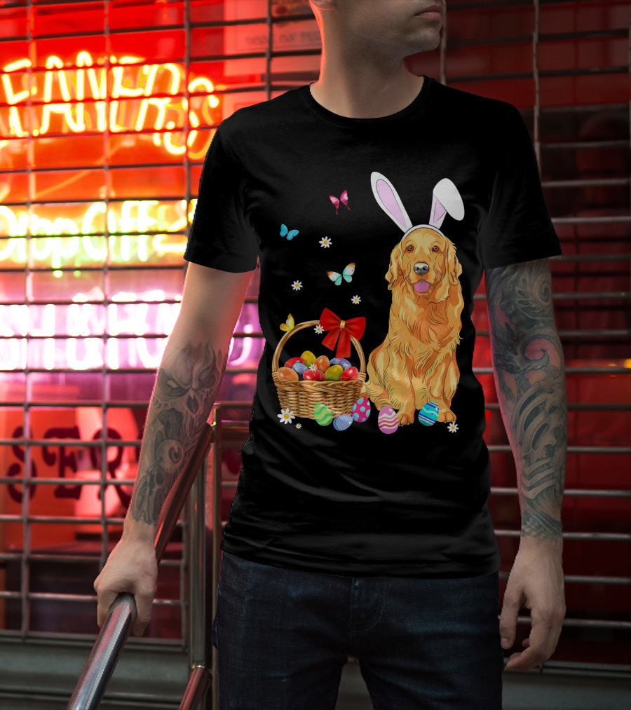 Golden Retriever Bunny Ears Easter Eggs Basket Butterflies T-Shirt