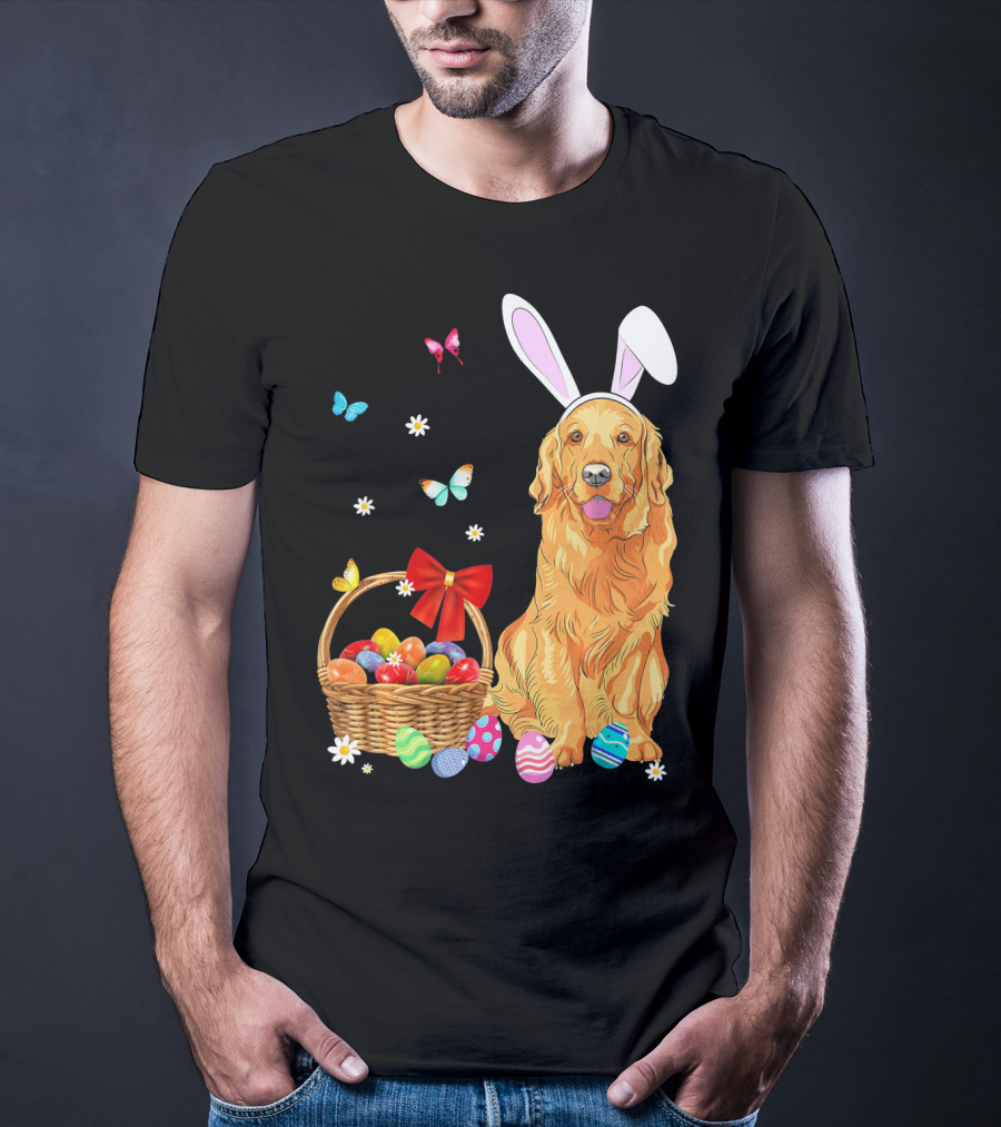 Golden Retriever Bunny Ears Easter Eggs Basket Butterflies T-Shirt
