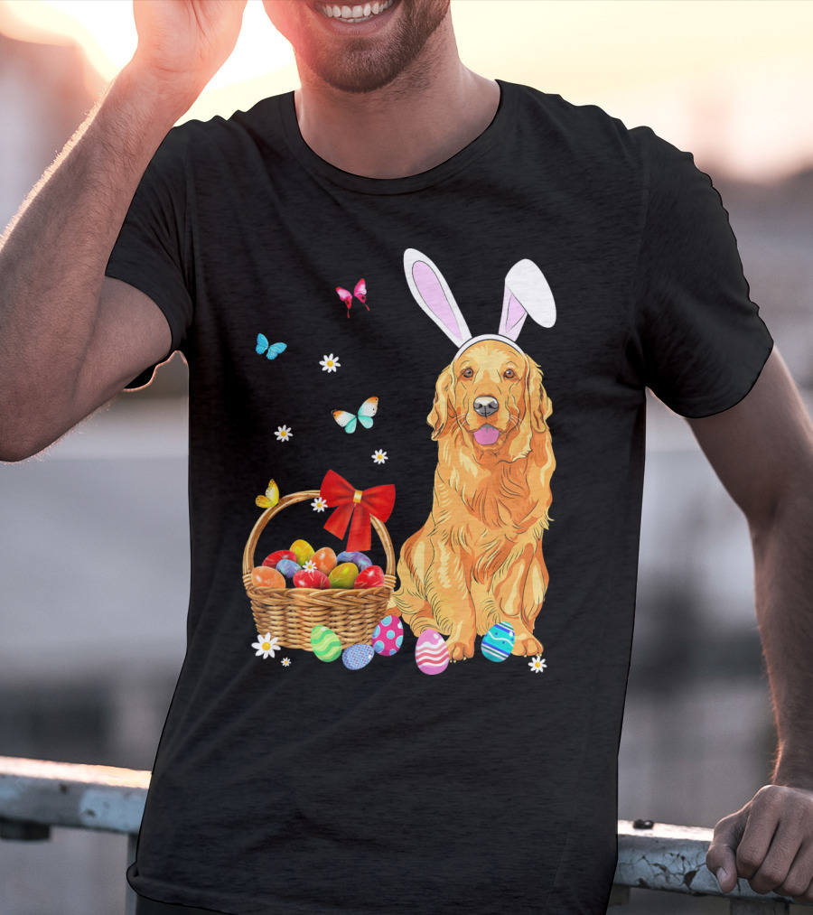 Golden Retriever Bunny Ears Easter Eggs Basket Butterflies T-Shirt