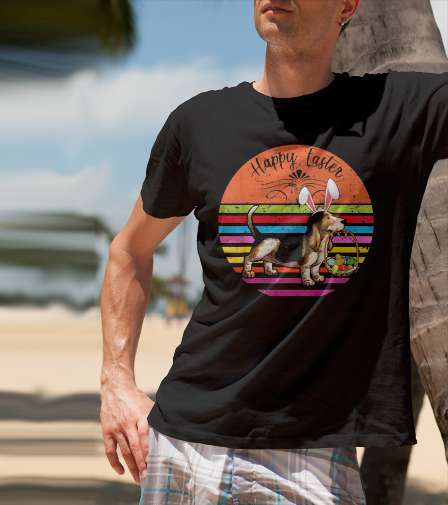 Vintage Basset Hound Dog Happy Easter Eggs T-Shirt