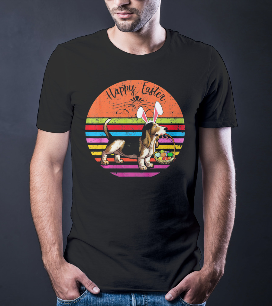 Vintage Basset Hound Dog Happy Easter Eggs T-Shirt