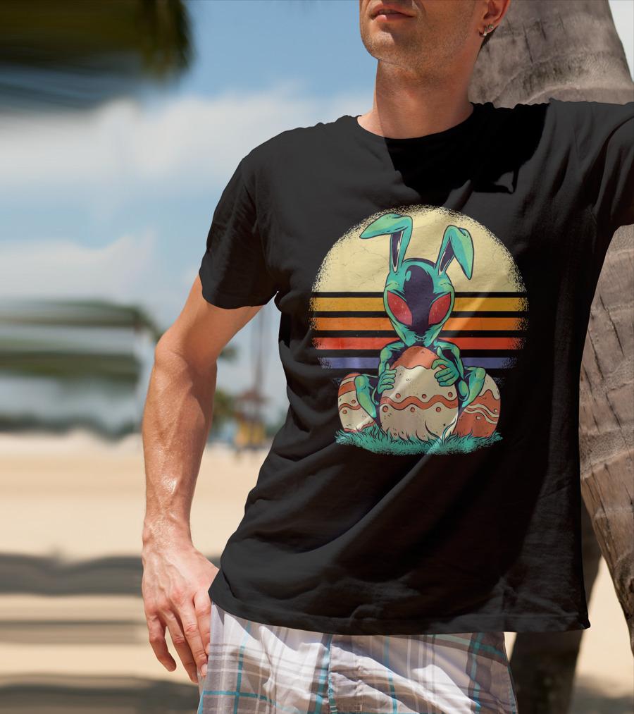 Easter Alien With Bunny Ears Holding Egg Sunset Stripes T-Shirt