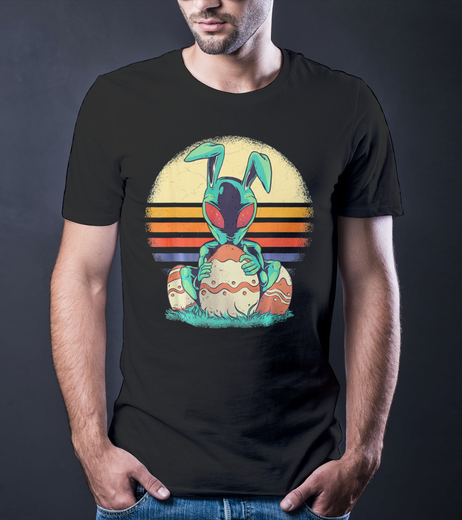 Easter Alien With Bunny Ears Holding Egg Sunset Stripes T-Shirt