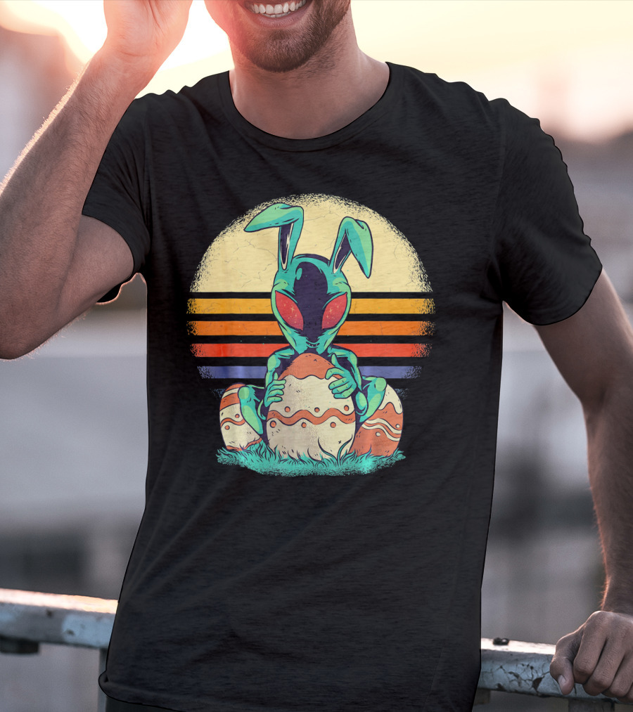 Easter Alien With Bunny Ears Holding Egg Sunset Stripes T-Shirt