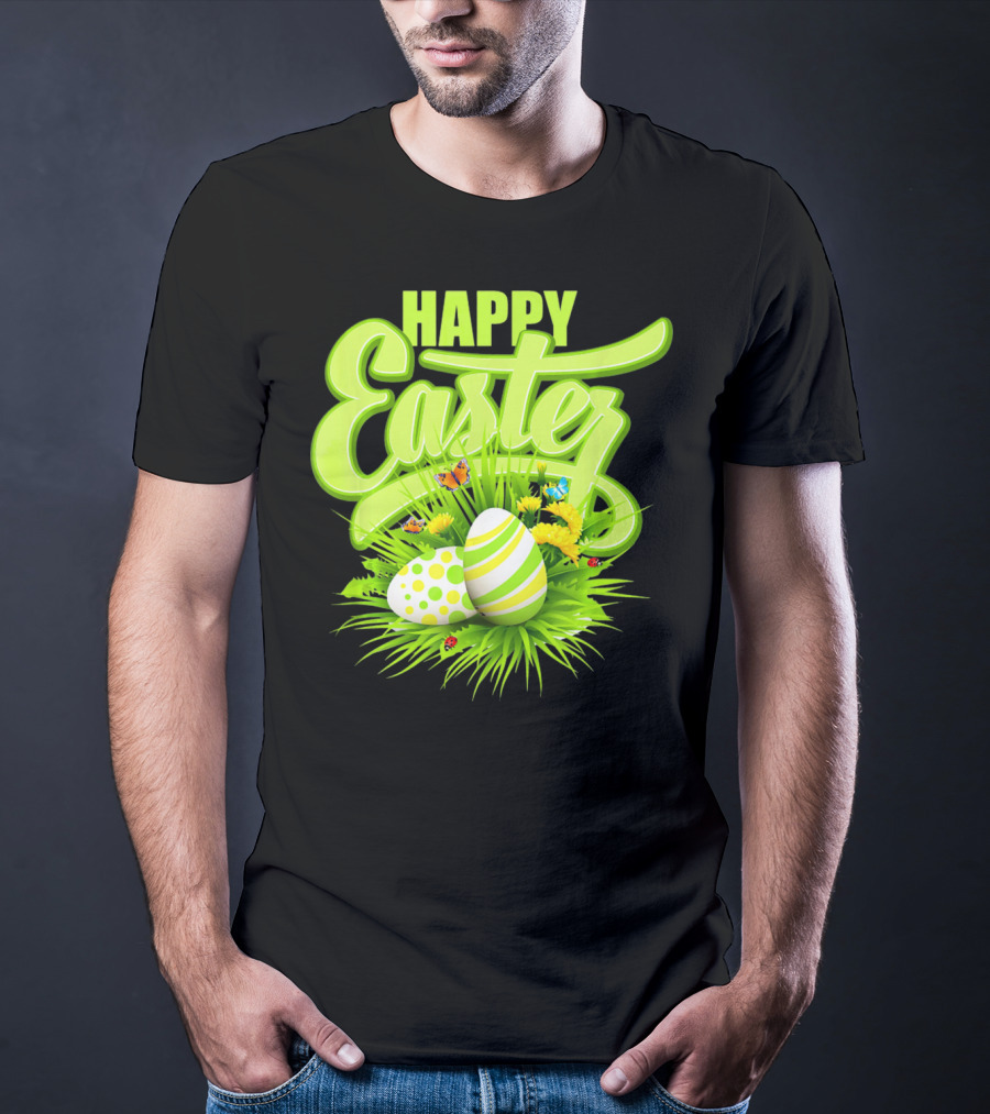 Happy Easter Eggs Green Spring Flowers Butterflies T-Shirt