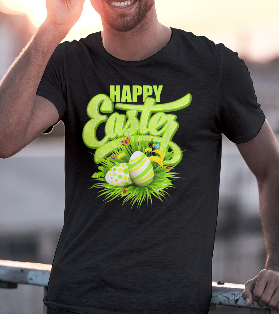 Happy Easter Eggs Green Spring Flowers Butterflies T-Shirt