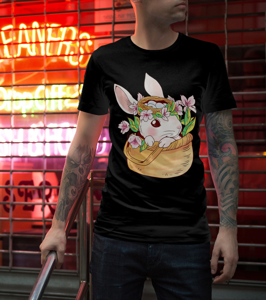 Cute Easter Bunny Girl Floral Basket T-Shirt