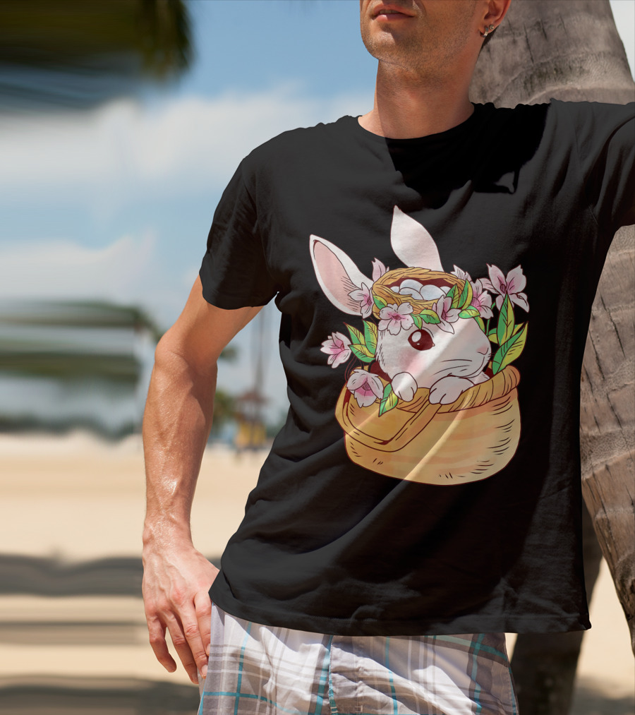Cute Easter Bunny Girl Floral Basket T-Shirt