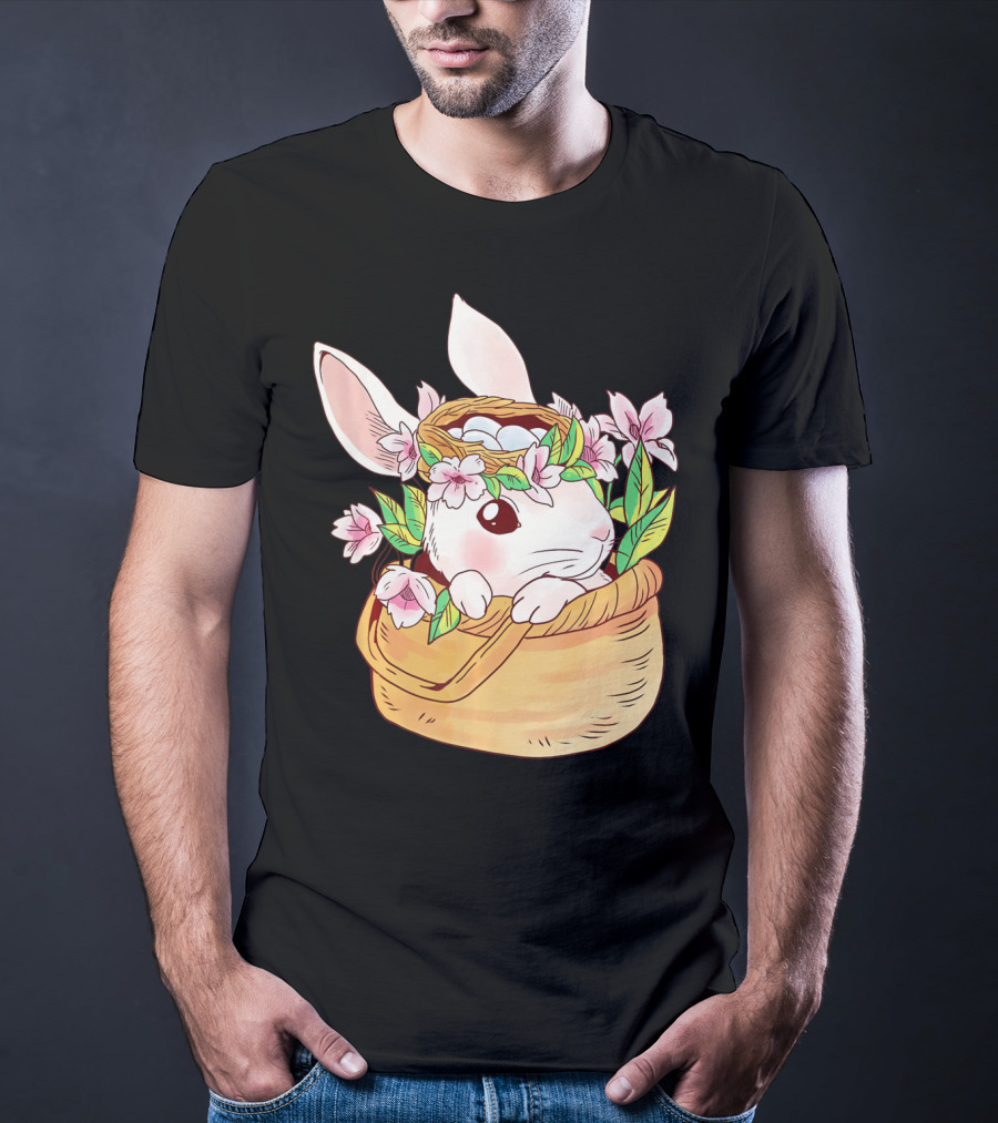 Cute Easter Bunny Girl Floral Basket T-Shirt
