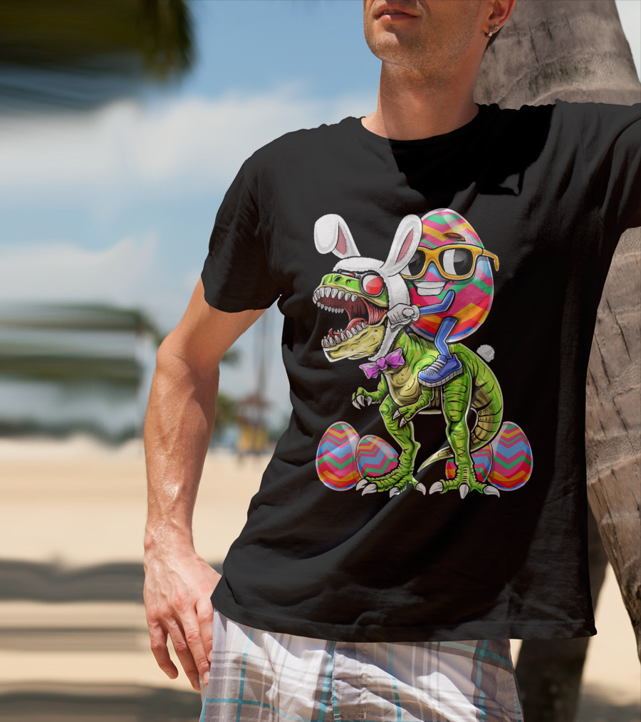 Easter Bunny Dinosaur With Egg Rabbit Ears And Sunglasses T-Shirt