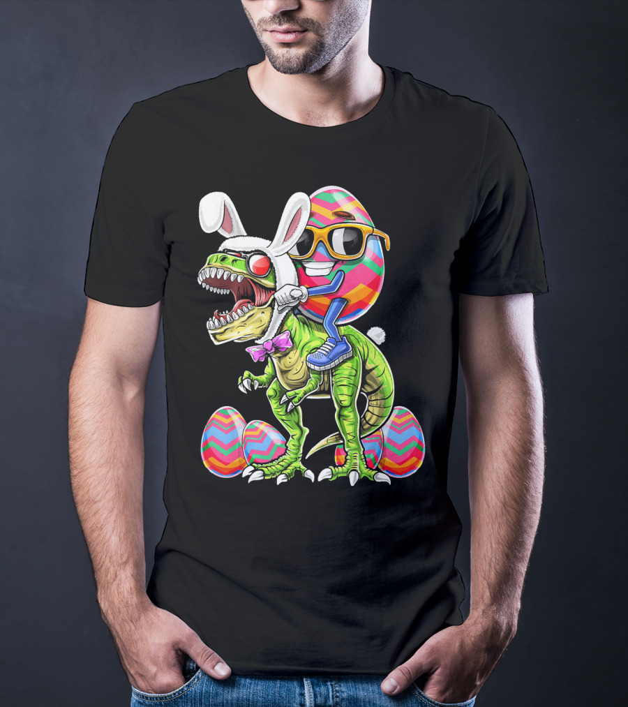 Easter Bunny Dinosaur With Egg Rabbit Ears And Sunglasses T-Shirt