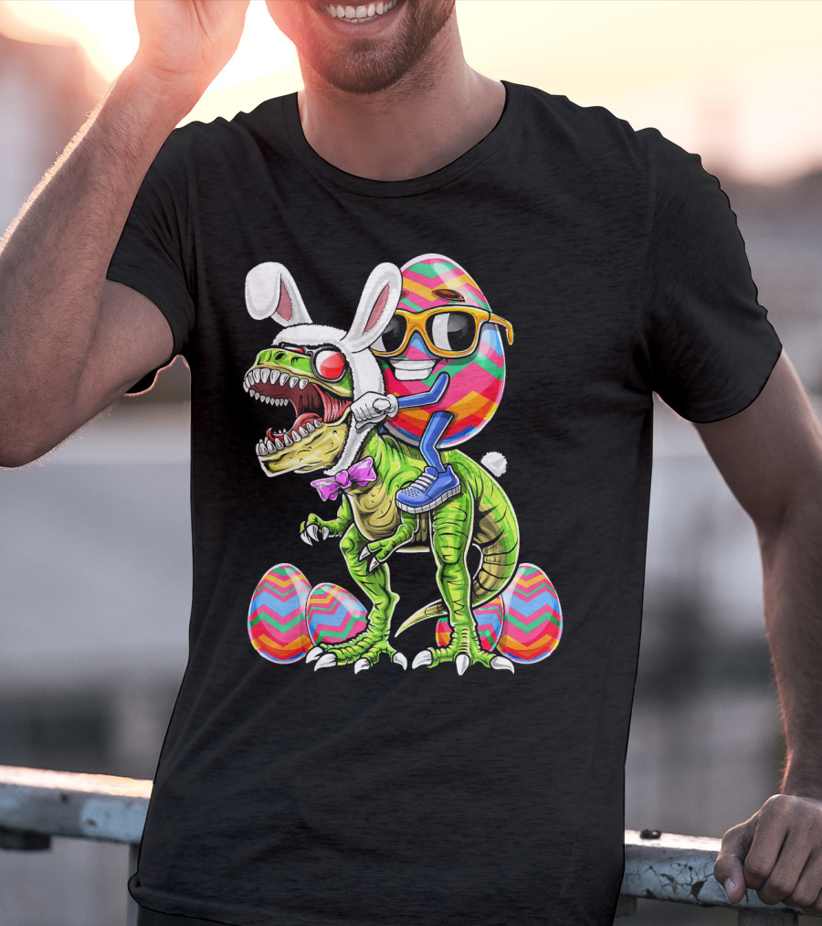 Easter Bunny Dinosaur With Egg Rabbit Ears And Sunglasses T-Shirt