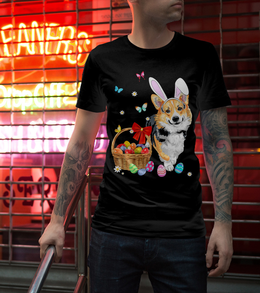 Welsh Corgi Bunny Ear Rabbit Easter Eggs Basket Butterflies T-Shirt