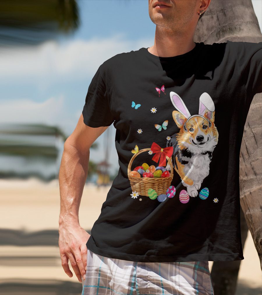 Welsh Corgi Bunny Ear Rabbit Easter Eggs Basket Butterflies T-Shirt