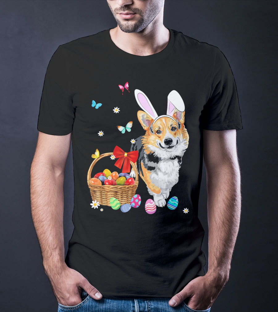 Welsh Corgi Bunny Ear Rabbit Easter Eggs Basket Butterflies T-Shirt