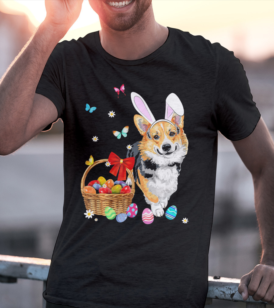 Welsh Corgi Bunny Ear Rabbit Easter Eggs Basket Butterflies T-Shirt