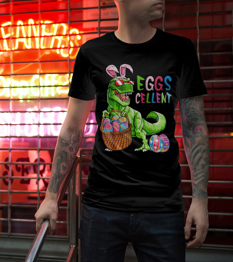 EGGS-cellent Green Dinosaur With Bunny Ears And Easter Eggs T-Shirt