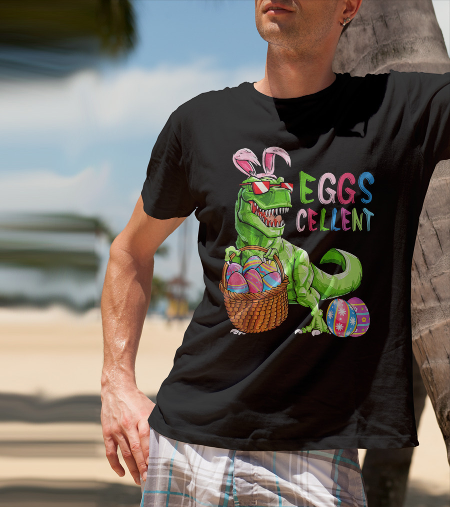 EGGS-cellent Green Dinosaur With Bunny Ears And Easter Eggs T-Shirt
