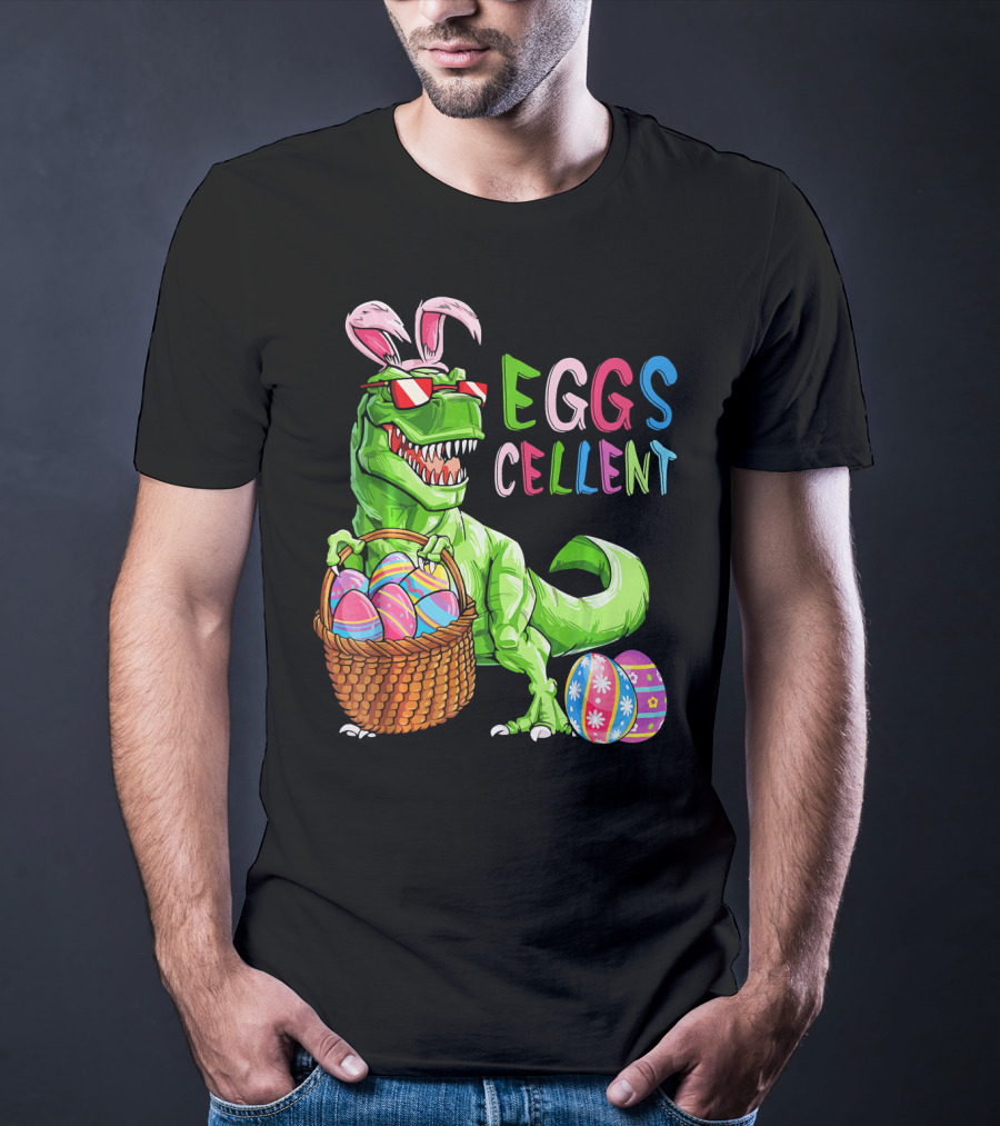 EGGS-cellent Green Dinosaur With Bunny Ears And Easter Eggs T-Shirt
