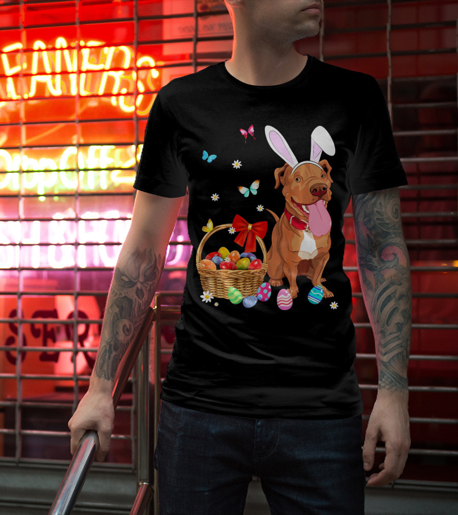 Pitbull With Bunny Ears And Easter Eggs Basket With Butterflies And Flowers T-Shirt