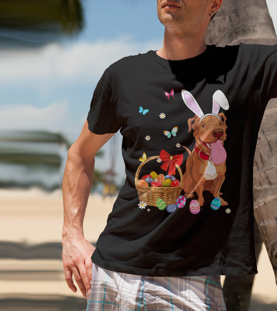 Pitbull With Bunny Ears And Easter Eggs Basket With Butterflies And Flowers T-Shirt