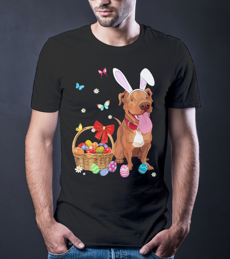 Pitbull With Bunny Ears And Easter Eggs Basket With Butterflies And Flowers T-Shirt