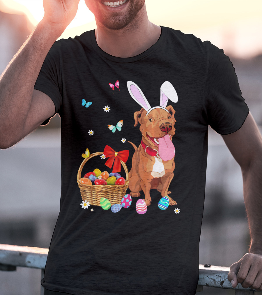 Pitbull With Bunny Ears And Easter Eggs Basket With Butterflies And Flowers T-Shirt